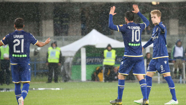 HELLAS VERONA-PERUGIA 18-05-2019 SAMUEL DI CARMINE ESULTA CON GUSTAFSON E LARIBI. SILPRESS